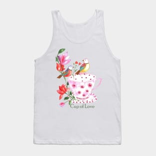 Cup of love, red and yellow birds on a pink floral cup Tank Top